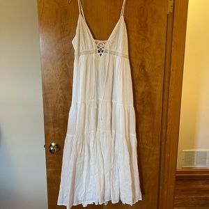 Lulus White Sleeveless Tiered Dress Boho Sexy Prairie Cottagecore Large FLAWS